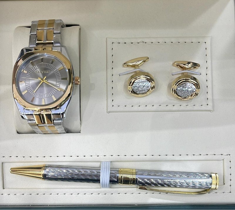 مجموعة هدايا للرجال تتكون من ساعة يد، وزوج من أزرار الأكمام، وقلم حبر جاف.